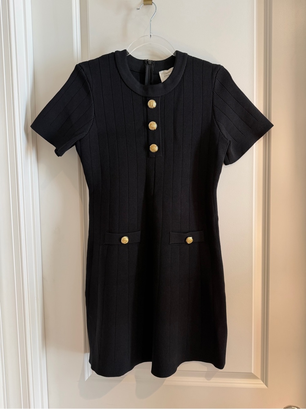 Hyacinth House Elegant Black Ribbed Knit Dress with Gold Buttons NWOT